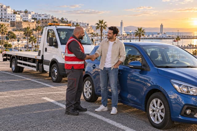 Tanger : un dépanneur serre la main d’un automobiliste près de sa voiture bleue, la ville blanche et le port en arrière-plan.