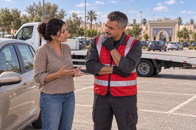 Fès : une automobiliste échange avec un dépanneur sur un parking, la porte Bab Boujloud floue en arrière-plan.