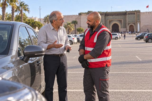 Meknès : un automobiliste âgé discute avec un dépanneur, la porte Bab Mansour en arrière-plan.